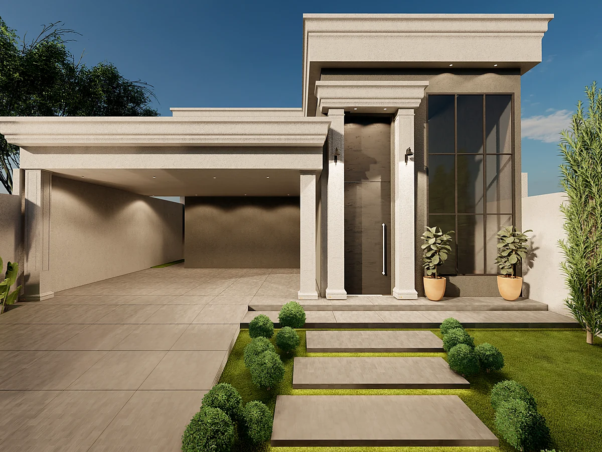 Fachada com acesso em escada e jardim frontal